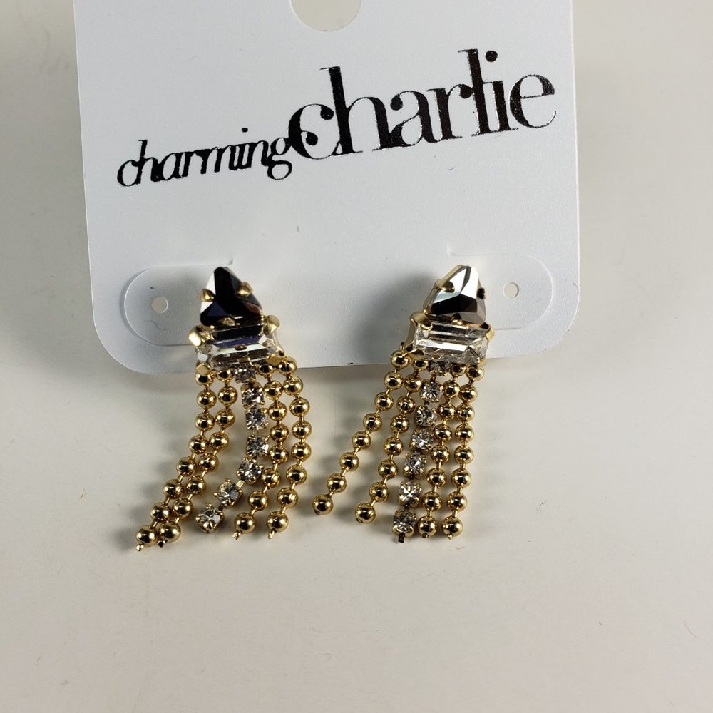 Charming Charlie Polished Gold-tone and Crystal Beaded Fringe Teardrop Earrings - Picture 6 of 9